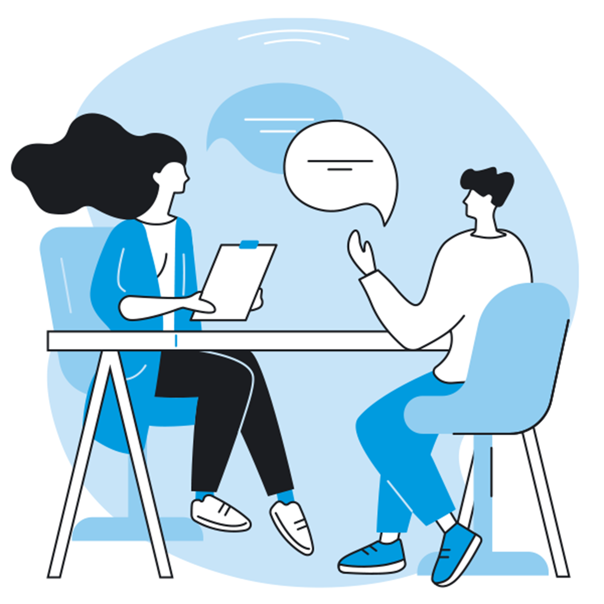 Graphic of two people sat at a desk having a conversation