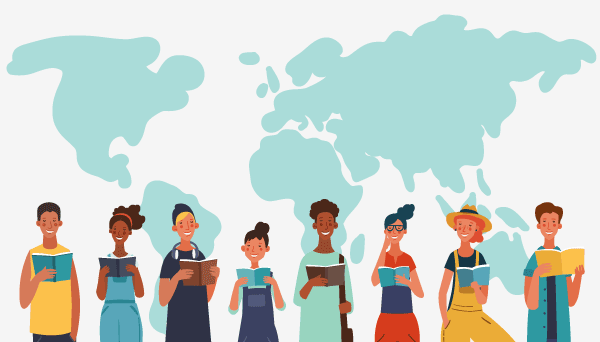 illustration of people reading books in front of a map of the world